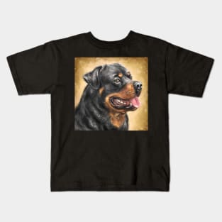 Painting of an Adorable Smiling Rottweiler with Its Tongue Out on Warm Beige Background Kids T-Shirt